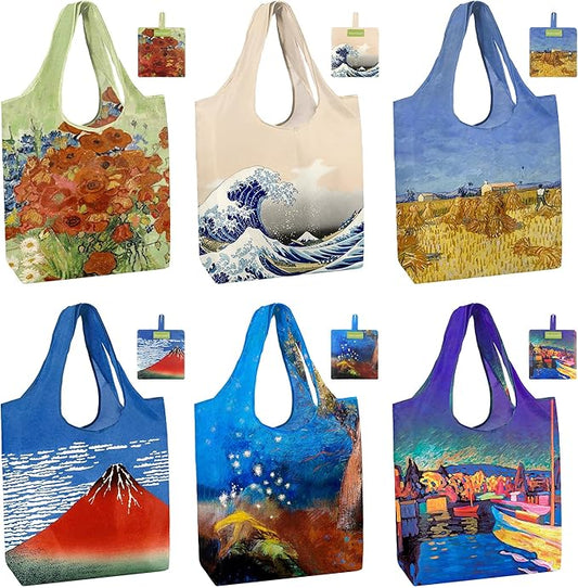 BeeGreen Oil Painting Reusable Grocery Bags 6 Pack, Heavy Duty Totes for Women, Foldable Grocery Bag Large Shopping Totes with Handles for Work, Travel, Gift, Polyester Washable Reusable Tote Bag