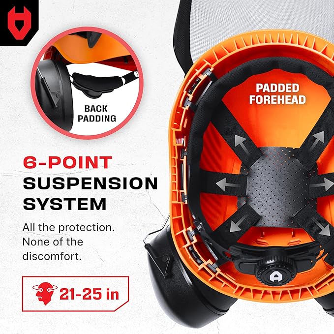 NoCry ANSI Z89.1 Rated Arborist Helmet — Chainsaw Helmet with Face Shield and Ear Muffs — Adjustable Hard Hat with Adaptive Ventilation; Impact-Resistant Mesh Face Shield for Forestry with Side Guards