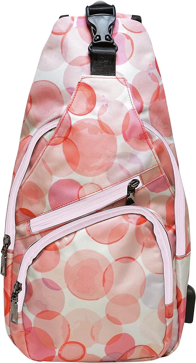 Anti-Theft Daypack Crossbody Sling Backpack, USB Charging Connector Port, Lightweight Day Pack for Travel, Hiking, Everyday, Large, Pink Bubbles