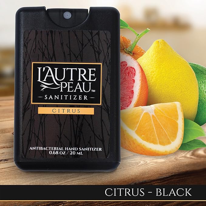 Travel Hand Sanitizer Spray with Aloe Vera by L’AUTRE PEAU - Unique Flat Credit Card Shape - Citrus Scented Mini Pocket Size (6 Pack - 20ML, Frost,Black,Red,Blue,Green,Yellow)