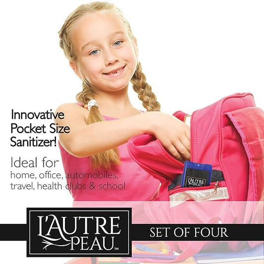 Antibacterial Travel Hand Sanitizer Spray with Aloe Vera by L’AUTRE PEAU - Unique Flat Credit Card Shape - Citrus Scented Mini Pocket Size (4 Pack - 20ML, Frost,Black,Red,Blue)