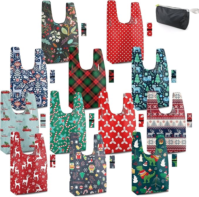 BeeGreen 12 Pack Christmas Reusable Grocery Bags Christmas Gift- 50 Lbs Foldable Polyester Totes With Elastic Band And Storage Pouch For Shopping, Kitchen, Parties Shopping Bag Tote Bags Bulk