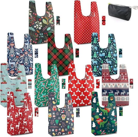 BeeGreen 12 Pack Christmas Reusable Grocery Bags Christmas Gift- 50 Lbs Foldable Polyester Totes With Elastic Band And Storage Pouch For Shopping, Kitchen, Parties Shopping Bag Tote Bags Bulk