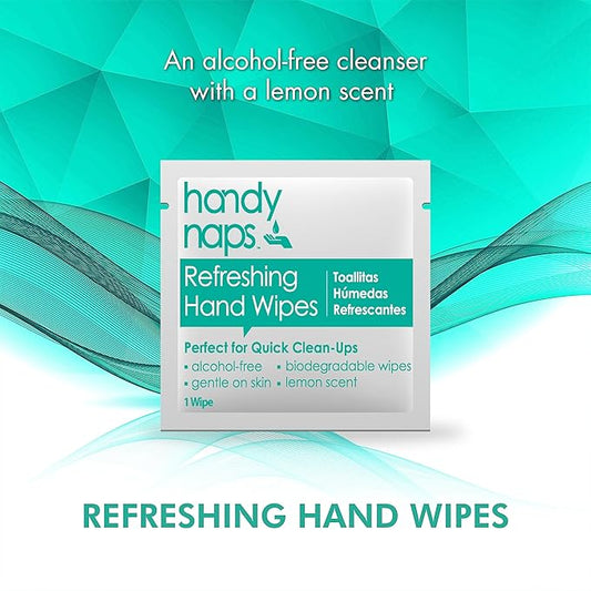 Handynaps Alcohol-Free Hand Wipes With Fresh Lemon Scent, Gentle On The Skin - Box of 100 Individually Wrapped Wipes For Adults and Kids, Travel Essentials