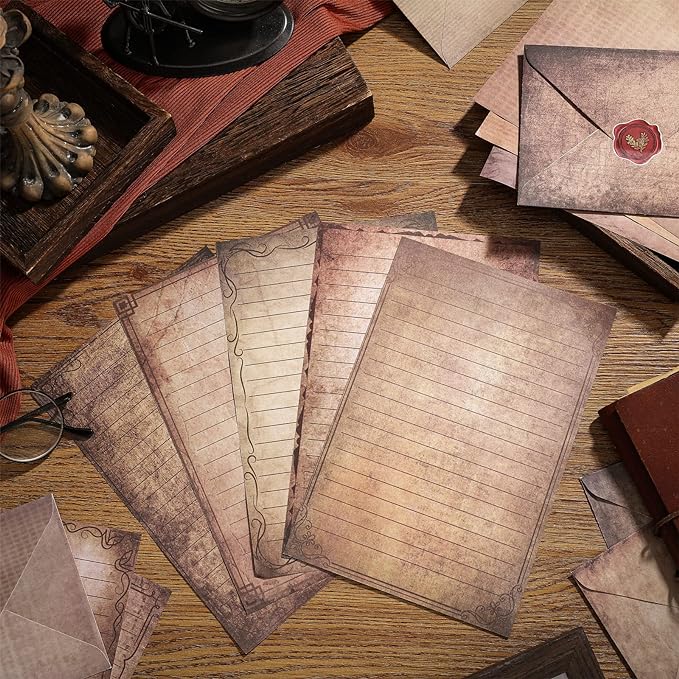 TaoBary 160 Pcs Stationery Paper Set 50 Double Sided Stationery Papers with 50 Matching Envelopes and 60 Round Dot Sticker, 10 Design(Vintage Antique,5.5 x 8.25 Inch)