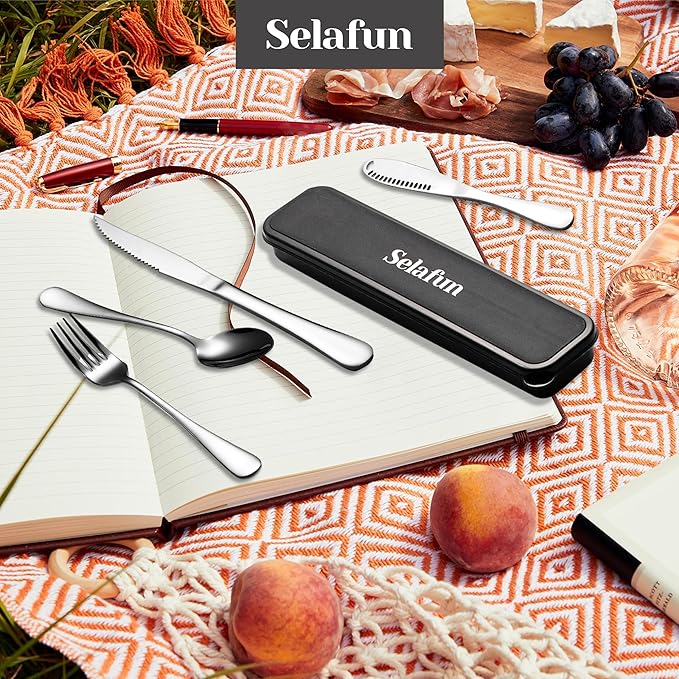 5-pieces Travel Set with Case Portable Silverware Utensils Set for work, Stainless Steel Reusable Flatware Set Cutlery Set for Camping Picnic Hiking Office (silver, 5.9)