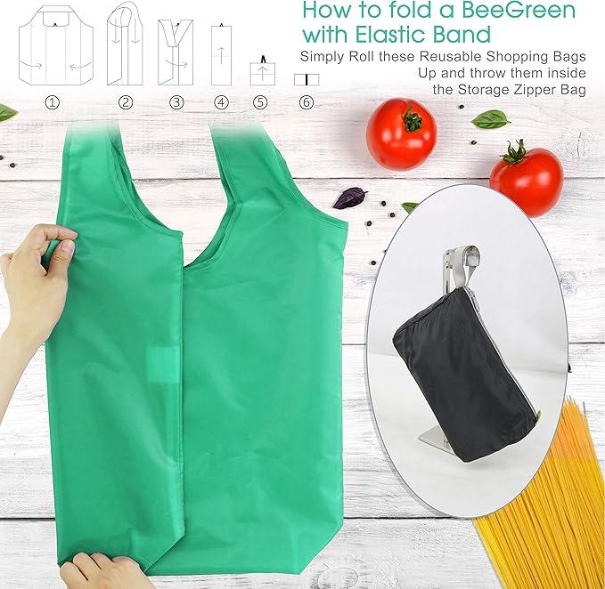 BeeGreen Groceries Reusable Bags for Shopping Compact Cute Solid Color Cloth Grocery Totes Set of 12 Fold up Packable Recycling Shopper Baggies w Zipper Carry Pouch for Supermarket