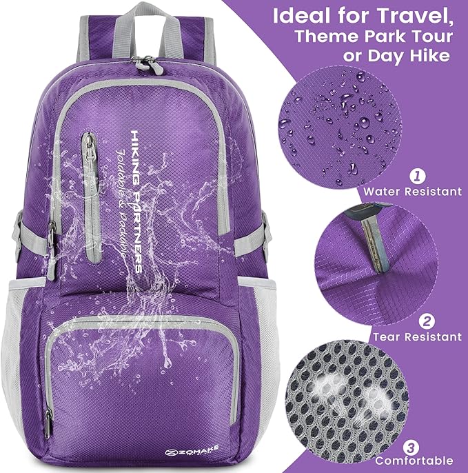 ZOMAKE Lightweight Packable Backpack, 35L Light Foldable Hiking Backpacks Water Resistant Collapsible Daypack for Travel(Purple)