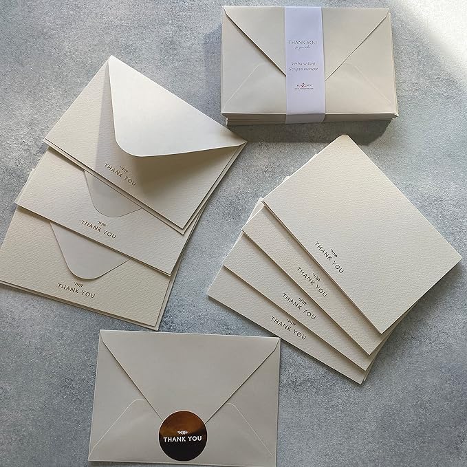 RUN2PRINT (36 Pack) Thank You Cards With Envelopes & Gift of 36 Foiled Stickers - Elegant Emboss Rose Gold Foil Pressed Blank Notes Wedding All Occasion Cards (Ivory)