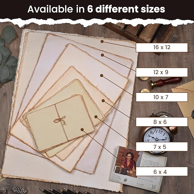 LEATHER VILLAGE Watercolor Paper - 6 X 4 inches, 50 Sheets - Mixed Media Watercolor Paper - 150 GSM Thick Deckle Edge Virgin Cotton Handmade Paper - Vintage Toned