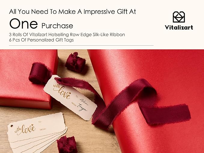 Vitalizart Red Wrapping Paper Set 30" Pearly-Lustre With Silk Like Satin Ribbon & Gift Tags Recyclable Eco-Friendly Christmas Gift Wrapping Birthday Baby Shower Wedding Handmade Crafts 197"(16.4 Ft)