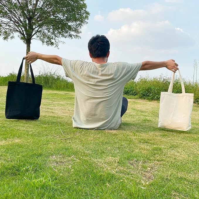 Koolmox Tote Bag Black, 13.5x13.5x3.5'' 6-Pack Canvas Tote Bags with Wide Bottom & Reinforced Handles, 12Oz Heavy Cotton Canvas Blank Tote Bag for Painting Art Craft, Men Women Shopping, Book Bag