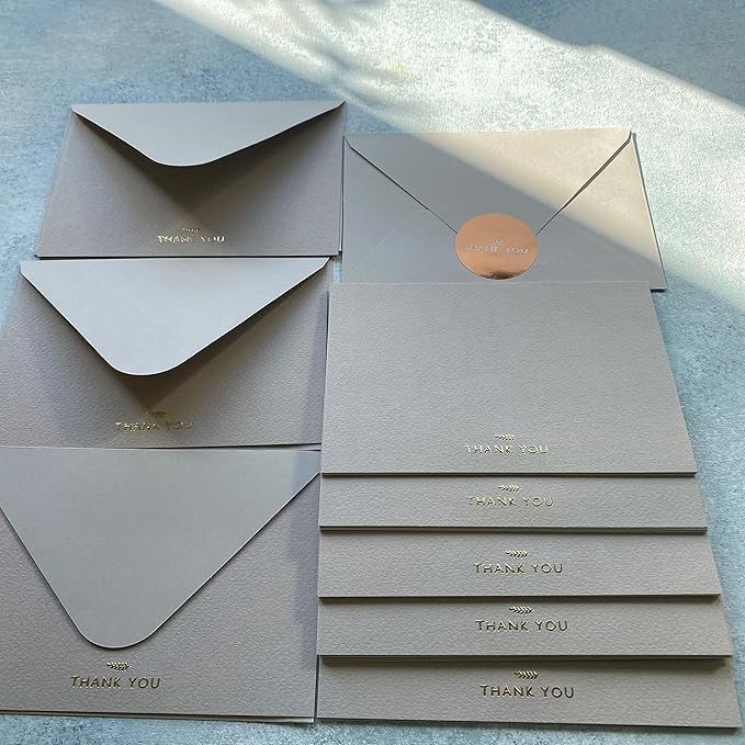 RUN2PRINT (36 Pack) Thank You Cards With Envelopes & Gift of 36 Foiled Stickers - Elegant Emboss Rose Gold Foil Pressed Blank Notes Wedding All Occasion Cards (Beige)