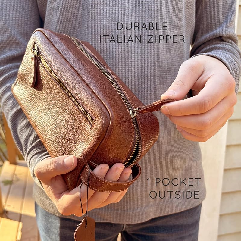 100% Genuine Leather Personalized Toiletry Bag for Men • Mens Toiletry Travel Bag • Travel Essentials for Men • Vacation Essentials Bathroom Travel Organizer • Groomsmen Gifts Shaving Bag for Men
