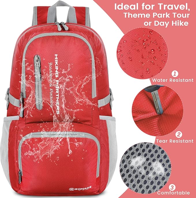 ZOMAKE Lightweight Packable Backpack, 35L Light Foldable Hiking Backpacks Water Resistant Collapsible Daypack for Travel(Red)