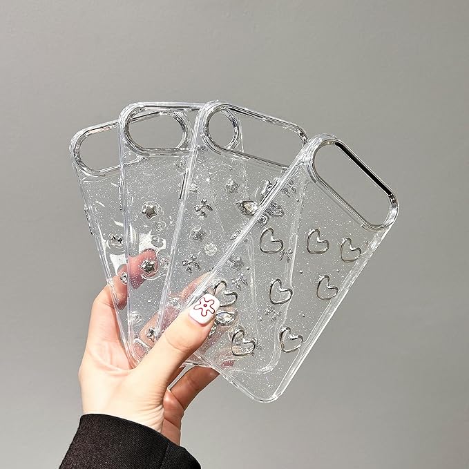 EYZUTAK Case for iPhone Air, Bling Glitter 3D Hearts Phone Case Cute Sparkly Crystal Clear Heart Aesthetic Design Cover Slim Soft Durable TPU Transparent Protective Cover for Women Girls - Heart