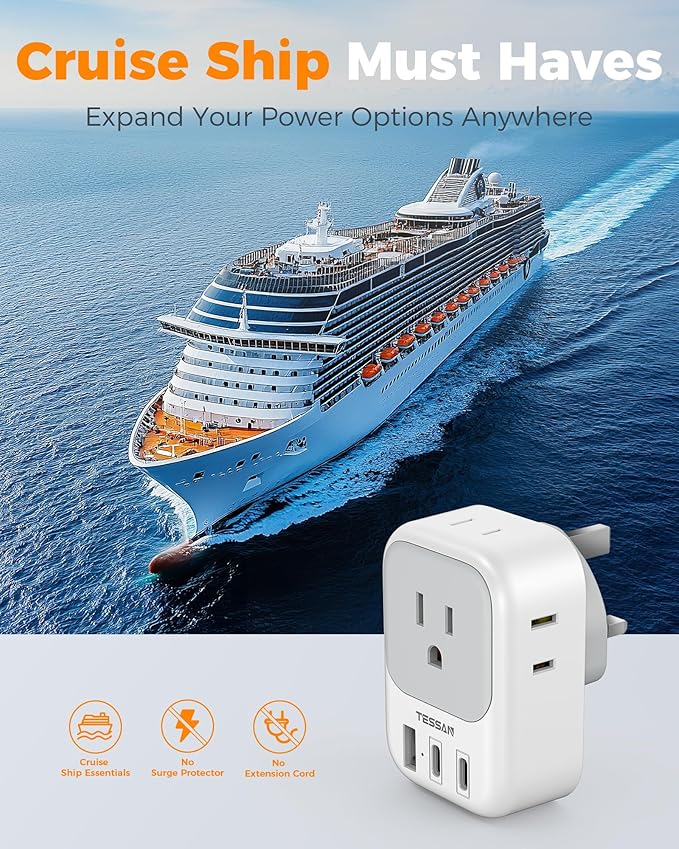 US to UK Plug Adapter 2 Pack, TESSAN Type G Adapter for Travel with 4 Outlets 3 USB (2 USB-C), Power Adaptor for US to UK Ireland London Scotland Kenya Dubai Singapore Hong Kong