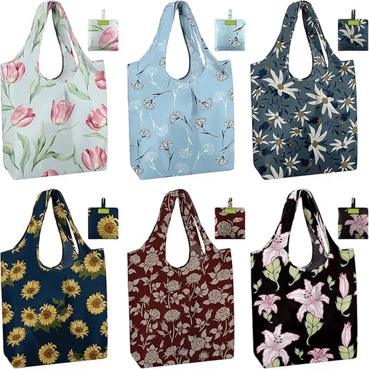 BeeGreen Reusable Grocery Bags 6 Pack, Heavy Duty Totes for Women, Foldable Grocery Bag Large Shopping Totes with Handles for Work, Travel, Gift, Store, Polyester Washable Reusable Tote Bag