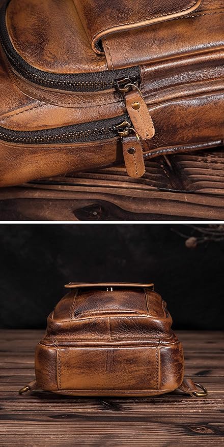 Le'aokuu Men Outdoor Casual Travel Hiking Tea Crossbody Chest Sling Bag Rig One Shoulder Strap Bag Backpack Men Leather