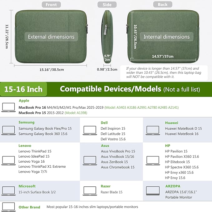 HYZUO 15-16 Inch Laptop Sleeve Bag Set for MacBook Pro 16 M4/M3/M2/M1 Pro/Max, 15" Surface Book, Notebook Case for 15" 15.6" HP Dell Lenovo ThinkBook Asus Acer Samsung Huawei, Grass Green