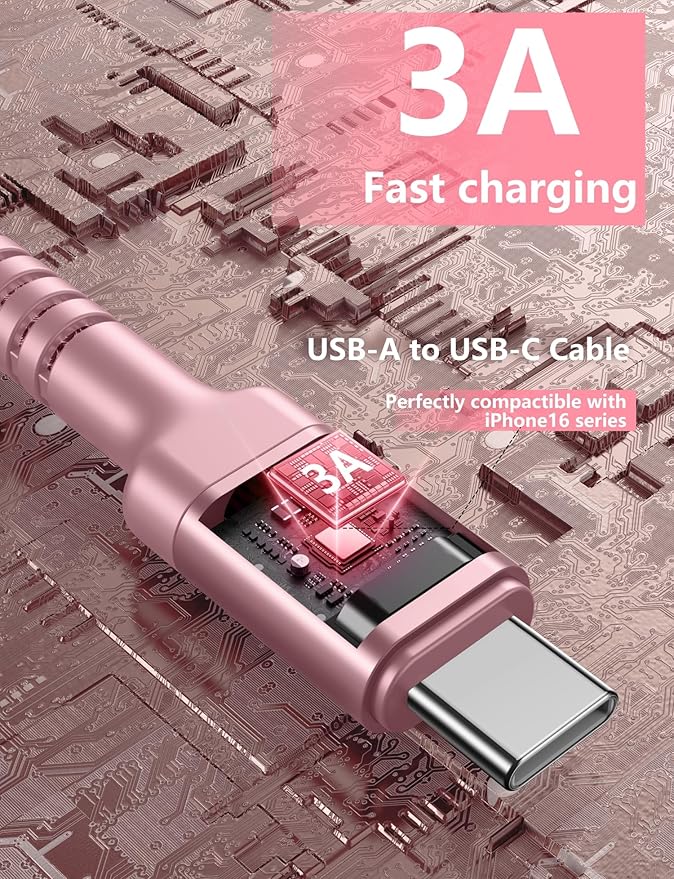 USB C Cable 10FT, 2Pack Long USB A to USB C Charger Cable, Type C Cable Fast Charging Upgraded Extra Durable Braided USBC Cord Compatible with iPhone 17 16 15 Pro Max/LG and More USB C Devices-Pink