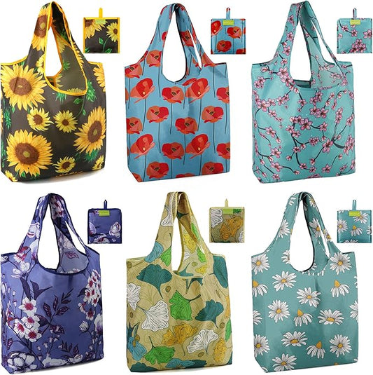 BeeGreen 6 Pack Bulk Foldable Packable Tote Bags for Women - Reusable Grocery Bags Shopping Bag with Pouch, Large Machine Washable Gifts with Handles for Travel,Beach,Holiday