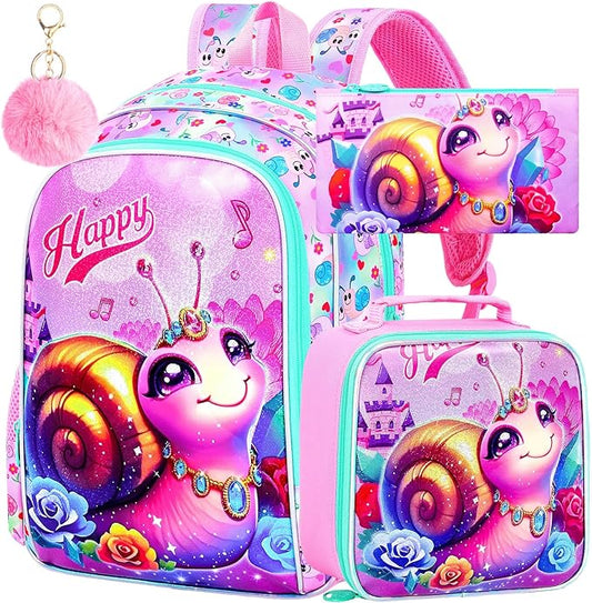 16" Backpack for Girls, 16" Kids Bookbag with Lunch Box，Snail School Backpacks for Elementary Preschool Kindergarten (Pink)