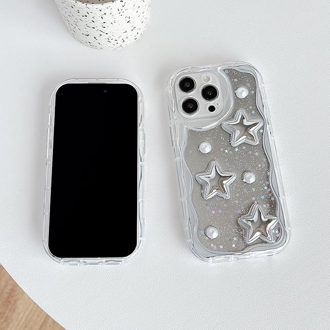 3D Stars Pearls Wavy Frame Plating Mirror Phone Case Compatible with iPhone Case for Women Girls (Clear,for iPhone 14 Plus)