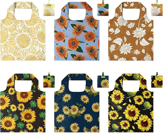 BeeGreen Sunflower Reusable Shopping Bags 6 Pack - Heavy Duty Washable and Foldable Polyester Shopping Bag for Women, Reusable Gift Grocery Totes Market Tote Bag with Handles for Travel Holiday