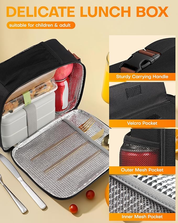 HOTOR Lunch Bag for Men & Women - Large Capacity Insulated Lunch Bag with Mutiple Pockets, Easy-Carrying, Wear-Resistant Cooler Lunch Box for Office, Picnic, Black, 9.06" x 4.33" x 10.63"