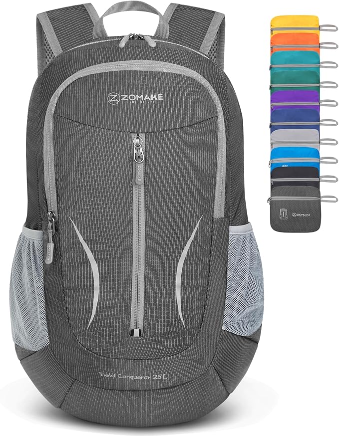 ZOMAKE Ultra Lightweight Packable Backpack 25L, Foldable Hiking Backpacks Water Resistant Small Folding Daypack for Travel(Dusty grey)