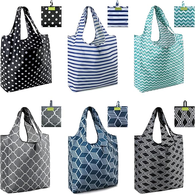 BeeGreen Grocery Bags | Reusable Gift Bags, Large Tote for Women & Foldable Beach Bag - 6 Pack Reusable Bag With Handles | Collapsible Cute Cloth Storage for Market, Holiday & Shopping | Washable