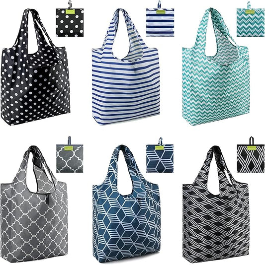 BeeGreen Grocery Bags | Reusable Gift Bags, Large Tote for Women & Foldable Beach Bag - 6 Pack Reusable Bag With Handles | Collapsible Cute Cloth Storage for Market, Holiday & Shopping | Washable