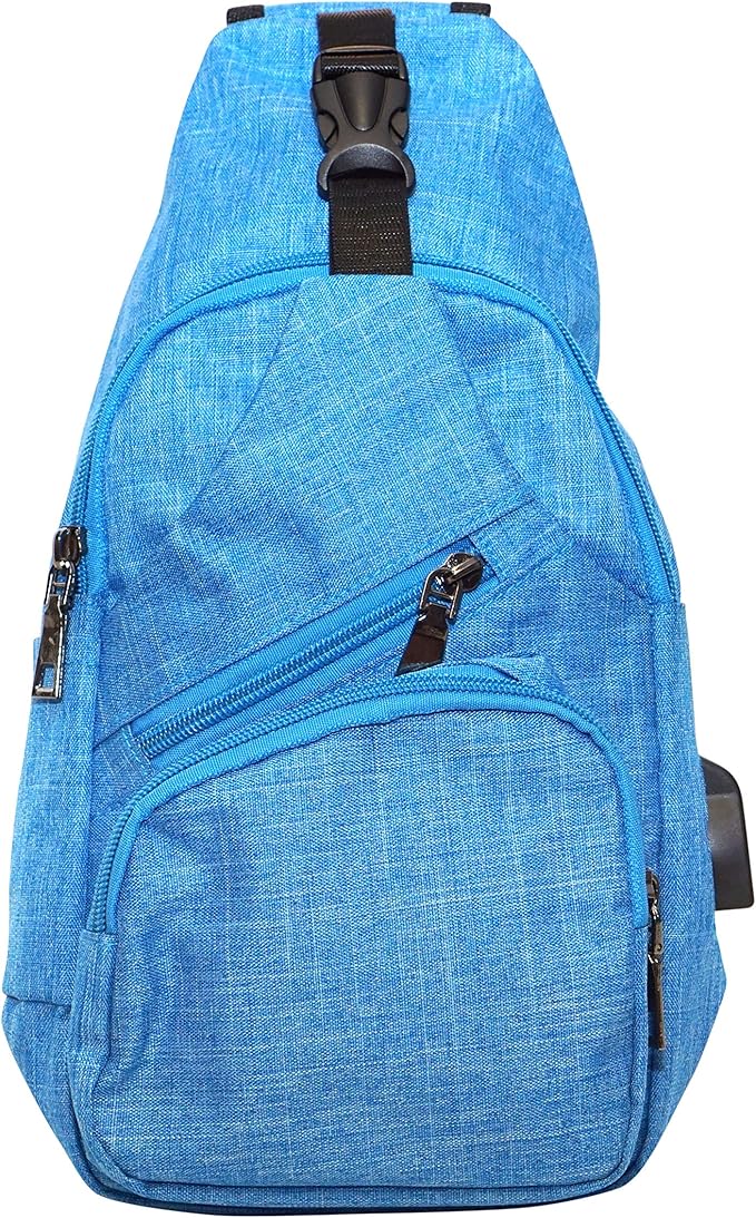 Anti-Theft Daypack Crossbody Sling Backpack, USB Charging Connector Port, Lightweight Day Pack for Travel, Hiking, Everyday, Regular, Light Blue