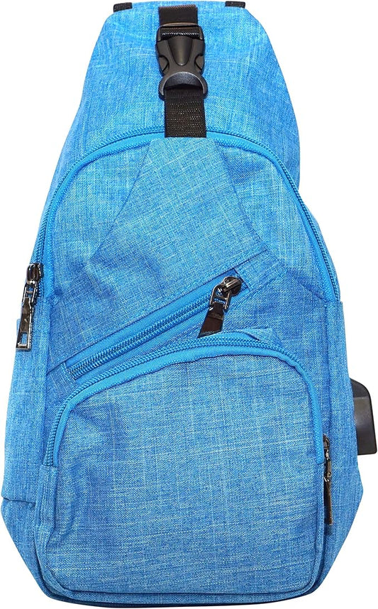 Anti-Theft Daypack Crossbody Sling Backpack, USB Charging Connector Port, Lightweight Day Pack for Travel, Hiking, Everyday, Regular, Light Blue