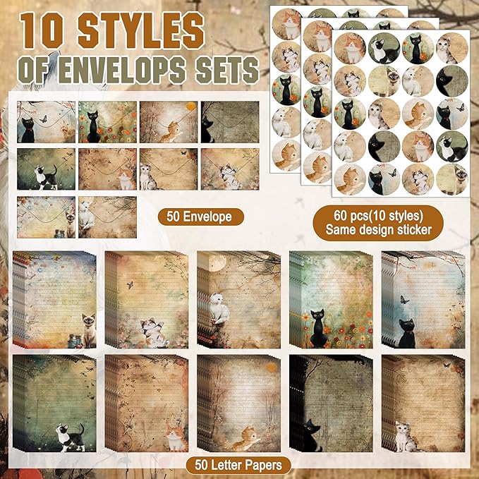 TaoBary 160 Pcs Stationery Paper Set 50 Double Sided Stationery Papers with 50 Matching Envelopes and 60 Round Dot Sticker, 10 Design(Cat,5.5 x 8.25 Inch)