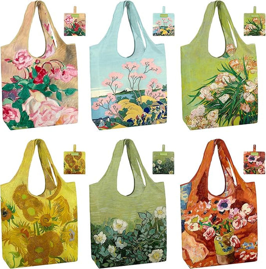 BeeGreen Oil Painting Reusable Grocery Bags 6 Pack, Heavy Duty Totes for Women, Foldable Grocery Bag Large Shopping Totes with Handles for Work, Travel, Gift, Polyester Washable Reusable Tote Bag