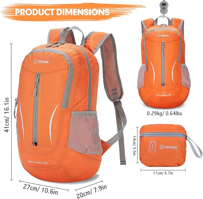 ZOMAKE Ultra Lightweight Packable Backpack 25L, Foldable Hiking Backpacks Water Resistant Small Folding Daypack for Trave(Pastel orange)