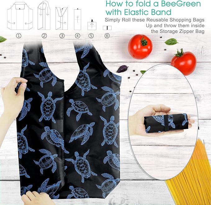 BeeGreen Sea Turtle Lovers Gifts for Women Ocean Animals Reusable Grocery Bags Shopping Bags Bulk 6 Pack 50LBS X-Large Shells Seal Mermaid Scale Whale