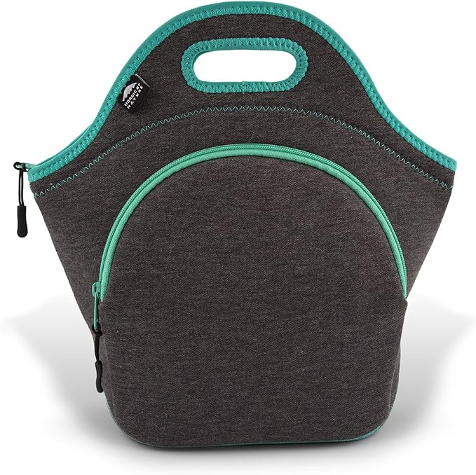 Nordic By Nature Insulated Neoprene Lunch Bag, Soft & Foldable Washable & Reusable Extra-Pocket (L) Dark Grey/Lagoon