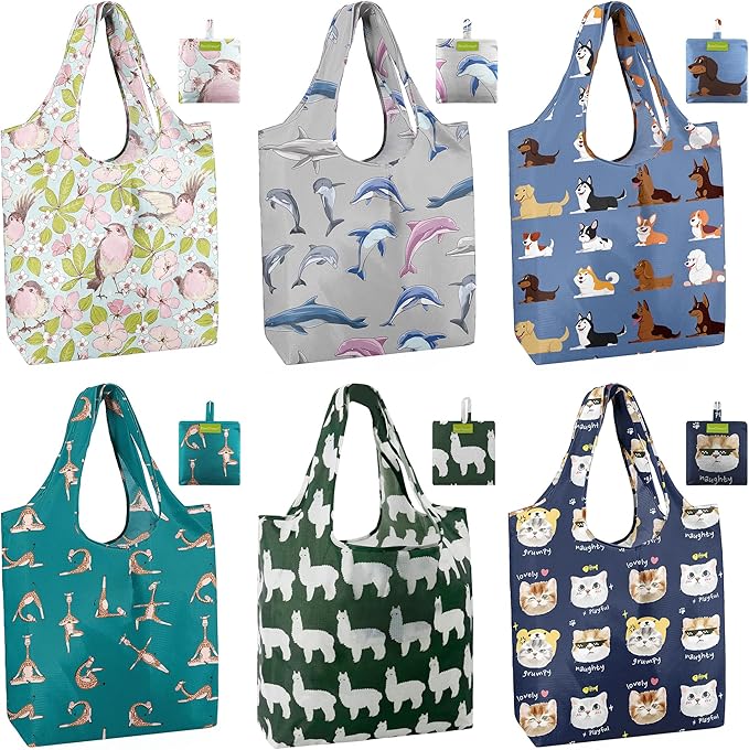 BeeGreen Reusable Grocery Bags 6 Pack, Heavy Duty Totes for Women, Foldable Grocery Bag Large Shopping Totes with Handles for Work, Travel, Gift, Store, Polyester Washable Reusable Tote Bag