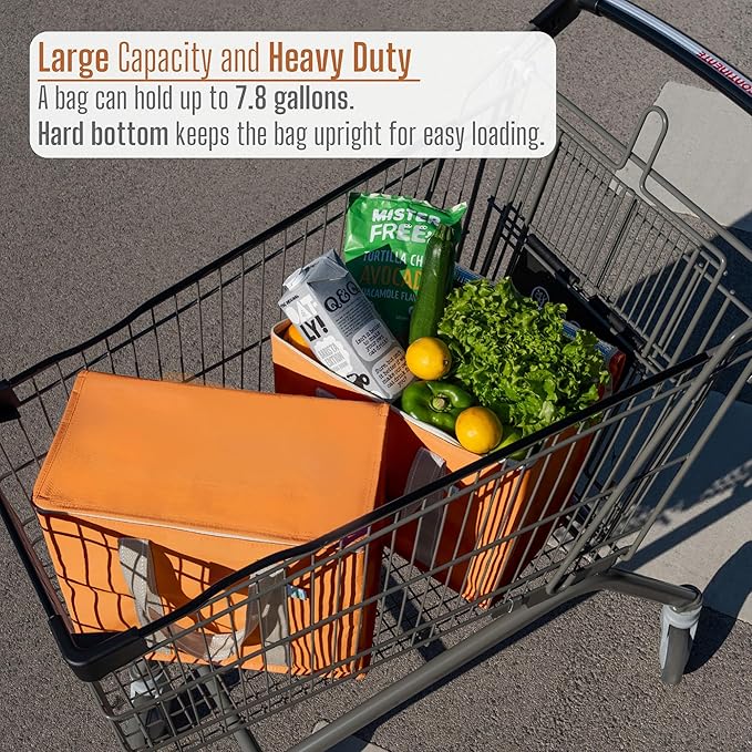 VENO 2 Pack Cooler Bag and Insulated Grocery Bags for Food Delivery, Collapsible Cooler. Reusable Shopping Bags for Groceries with Hard Bottom, Zippered, Foldable, Heavy-Duty (Autumn Orange, 2 Pack)