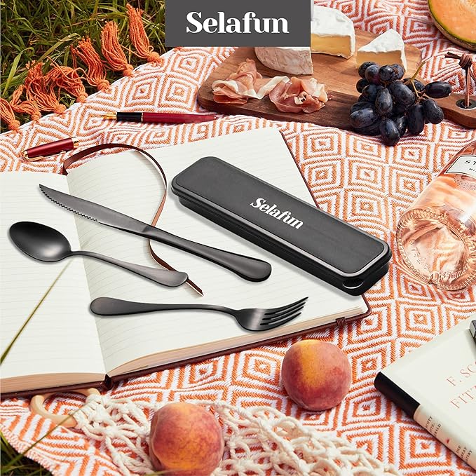4-pieces Travel Set with Case Portable Silverware Utensils Set for work, Stainless Steel Reusable Flatware Set Cutlery Set for Camping Picnic Hiking Office (6.7inch, Matte Black)
