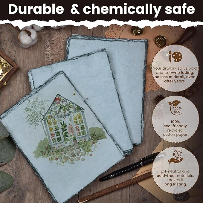 LEATHER VILLAGE Watercolor Paper - 7.5 X 11 inches, 50 Sheets - Mixed Media Watercolor Paper - 150 GSM Thick Deckle Edge Virgin Cotton Handmade Paper - Grey Toned