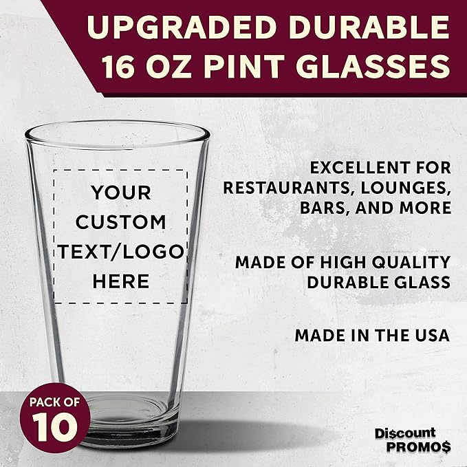 Custom Arc Pint Glass 16 oz. Set of 10, Personalized Bulk Pack - Beer Glasses, Heavy Duty Drinkware - Clear