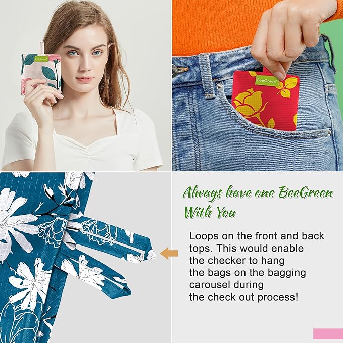 BeeGreen Sunflower Reusable Shopping Bags 6 Pack - Heavy Duty Washable and Foldable Polyester Shopping Bag for Women, Reusable Gift Grocery Totes Market Tote Bag with Handles for Travel Holiday