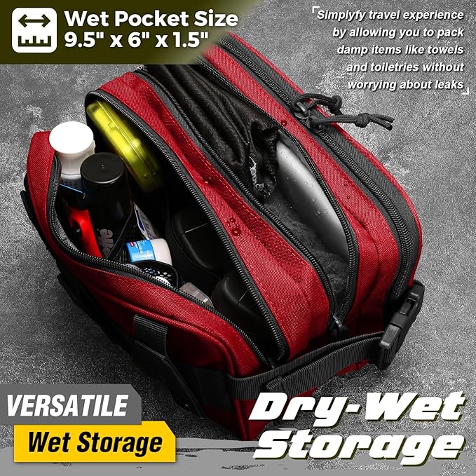 DBTAC Tactical Toiletry Bag w/Electronic Organizer Compartment | Dry/Wet Separate Hygiene Bag, Expanded Travel Dopp Kit Shaving Kit Travel shower Bag for Men (Red)