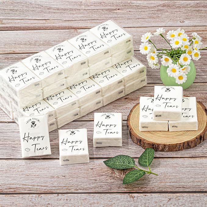 Lesnala 120Packs Happy Tears Tissue Packs for Wedding Kleenex Prepared for Guests 3 Ply Pocket Size for Travel Party Ceremony Graduation Favors White