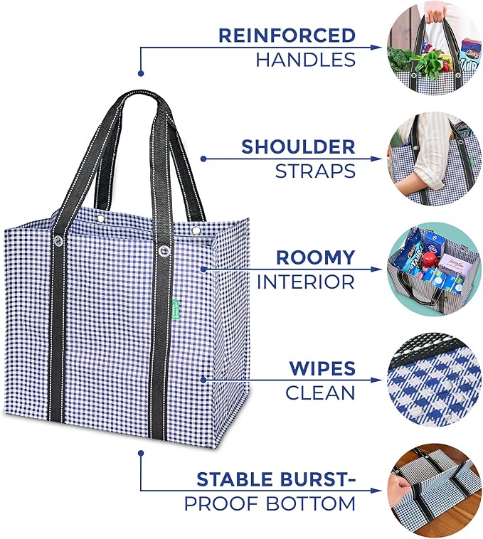 Creative Green Life 3 Pack Heavy Duty Reusable Grocery Bags with Hard Bottom & Strong Handles – Foldable, Durable, Easy to clean, Water-Resistant & Multi-Purpose (Blue Checkered)