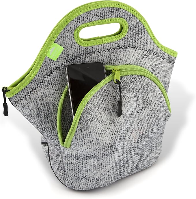 Nordic By Nature Insulated Neoprene Lunch Bag, Soft & Foldable Washable & Reusable Extra-Pocket (L) Gray Melange